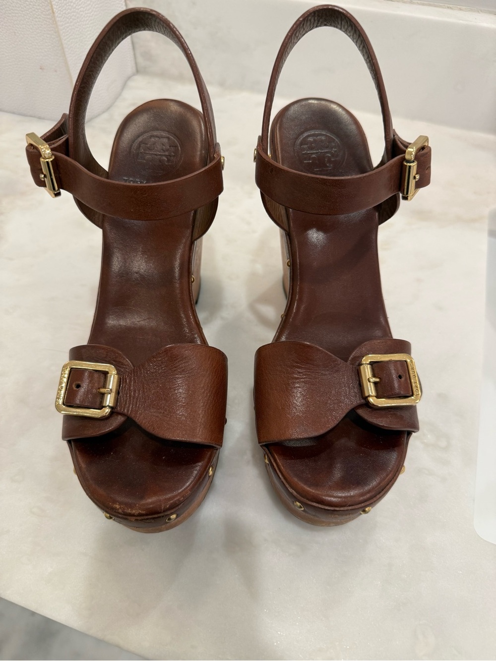 Tory Burch Brown Leather Buckle Platform Sandals